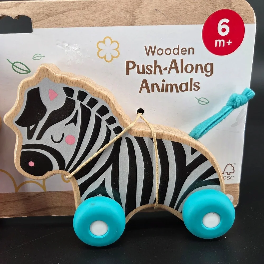 Fisher-Price Wooden Push-Along Animals Lion Zebra JFN19 Wood Baby Toy Set 6M+